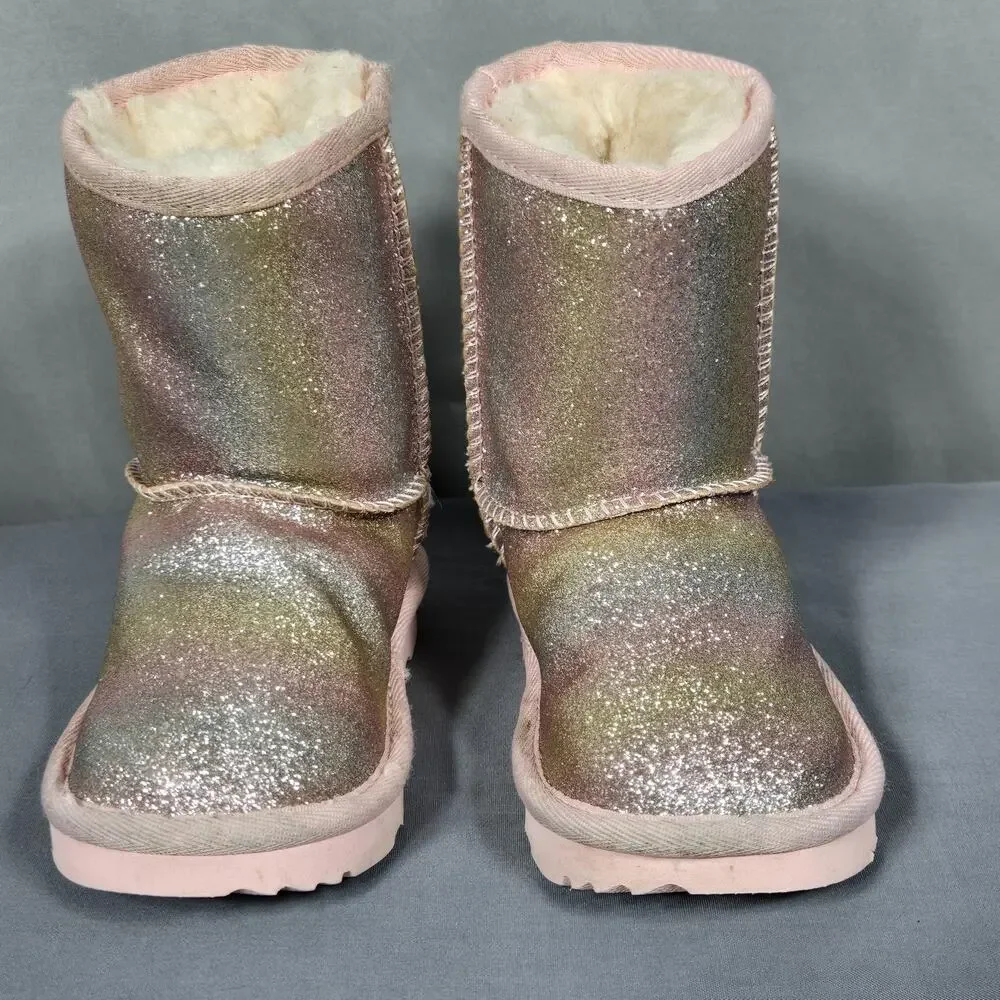 UGG Boots Girls Size 6 Pink Glitter UGGplush Shearling Lined Rainbow Winter